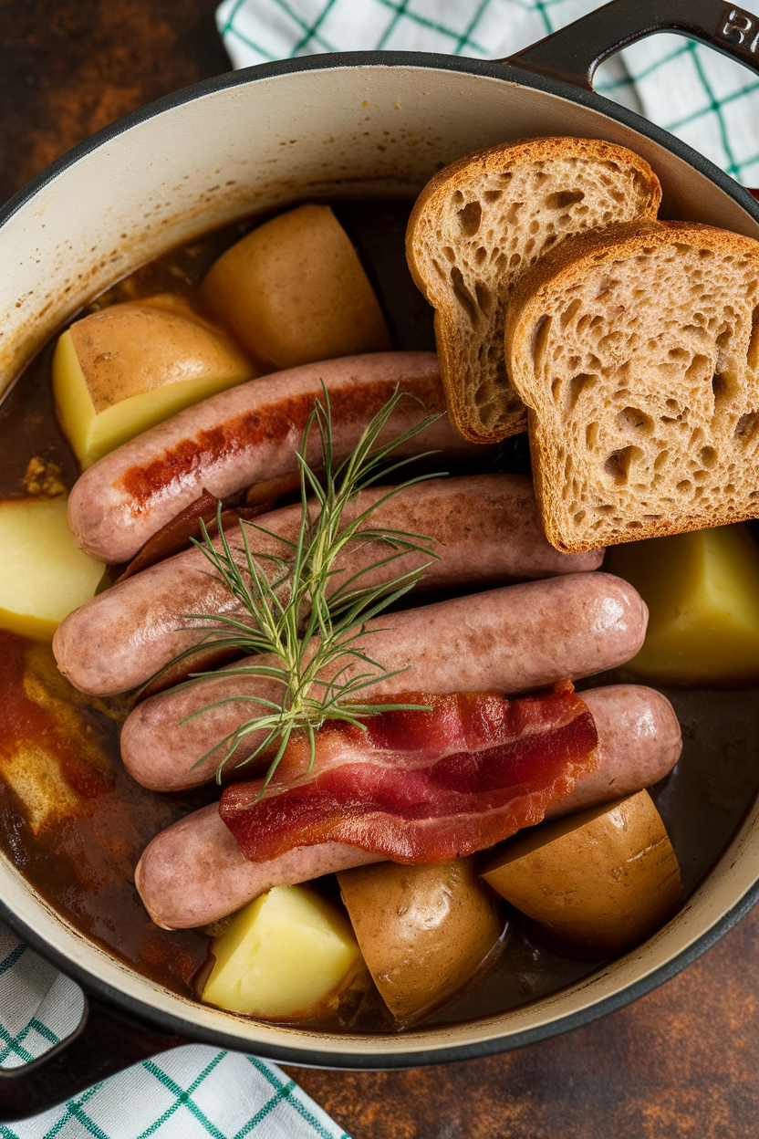 Delicious sausages and potatoes in a pot with rosemary and bread slices, perfect for a hearty meal.