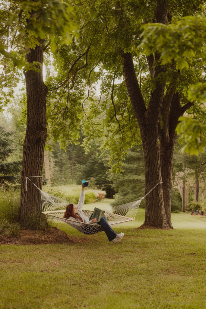 Person relaxing in a hammock between trees, holding a drink, enjoying a peaceful garden setting.