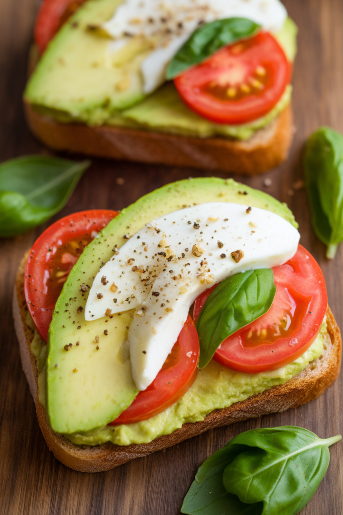 Avocado toast topped with fresh tomato, mozzarella slices, and basil leaves on a wooden board.