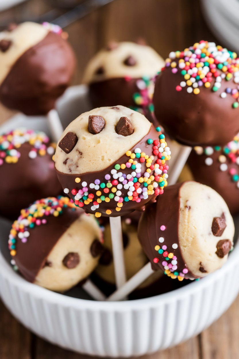 Chocolate chip cookie dough pops with chocolate coating and sprinkles in a white bowl.