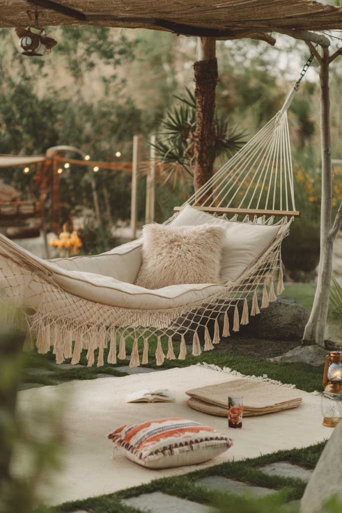 Cozy hammock with cushions in a serene garden setting, surrounded by greenery and soft lights. Ideal for relaxation.