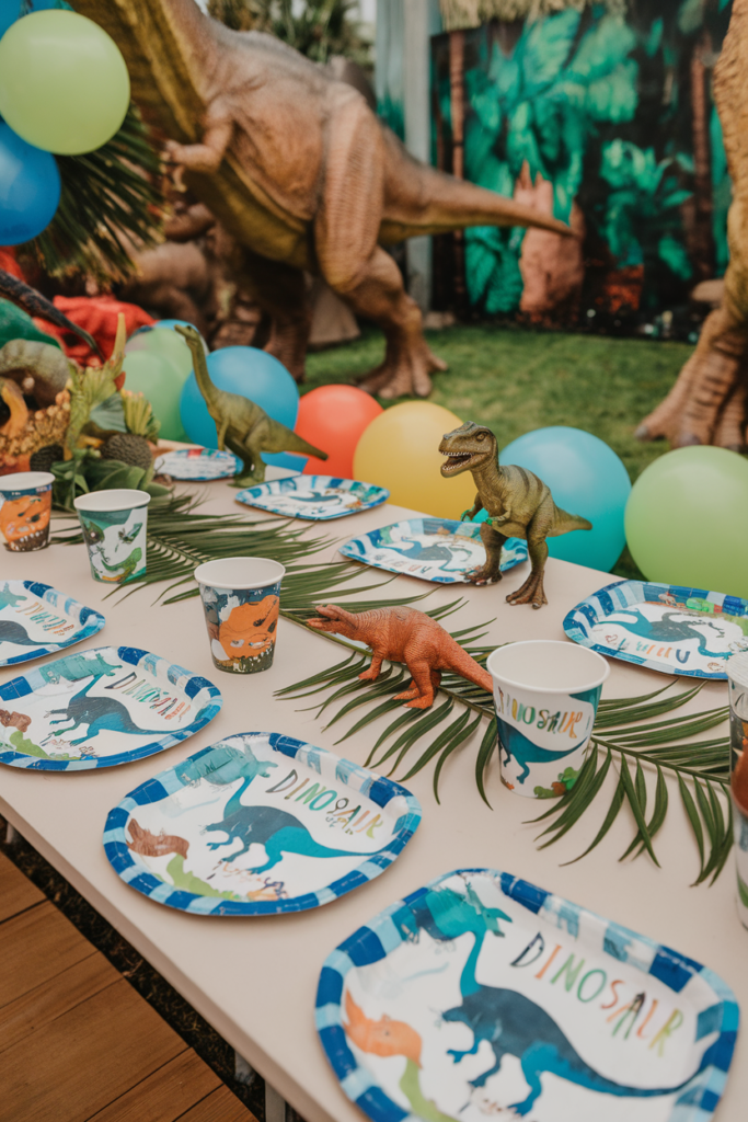 Dinosaur-themed birthday party table with colorful plates, cups, balloons, and dinosaur toys.