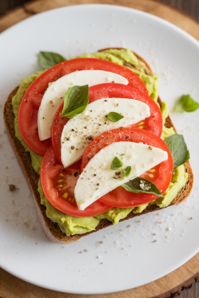 Avocado toast topped with fresh mozzarella, tomato slices, basil, and pepper on a white plate.