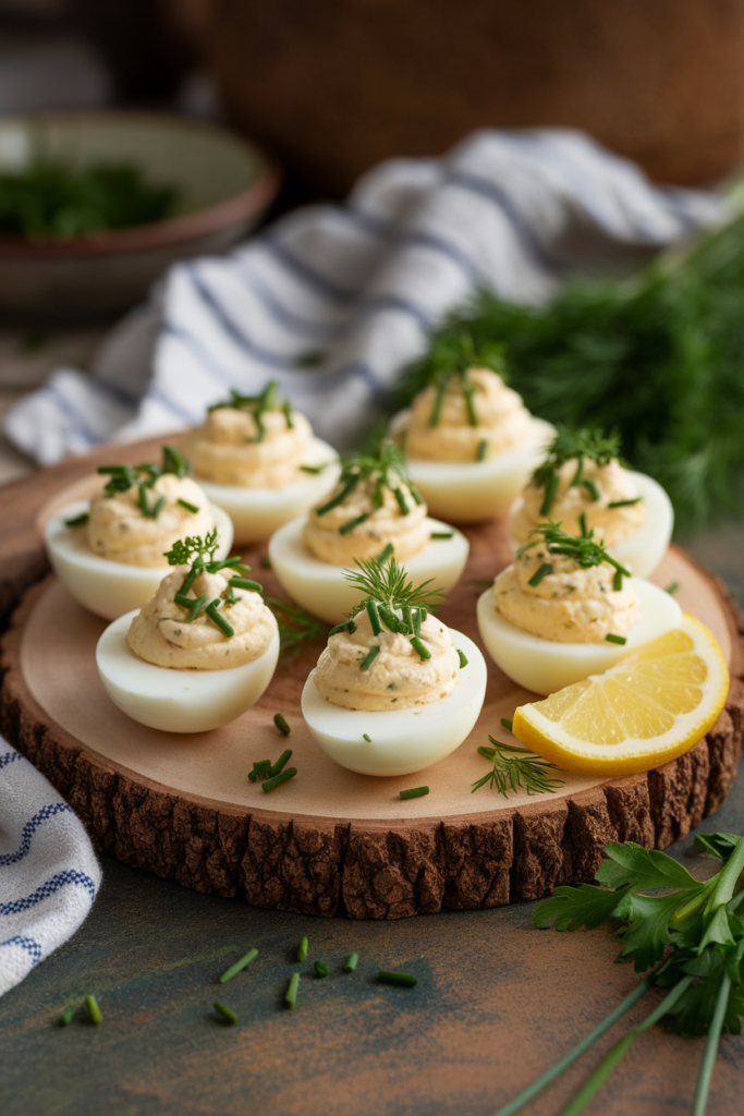 Delicious deviled eggs garnished with herbs on a wooden platter, accompanied by a lemon slice. Appetizing food display.