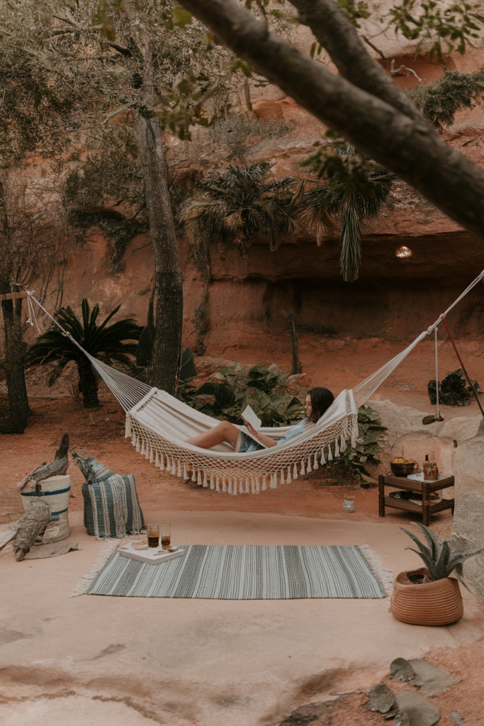 Woman relaxing in a hammock with a book, surrounded by cozy outdoor decor and natural scenery.