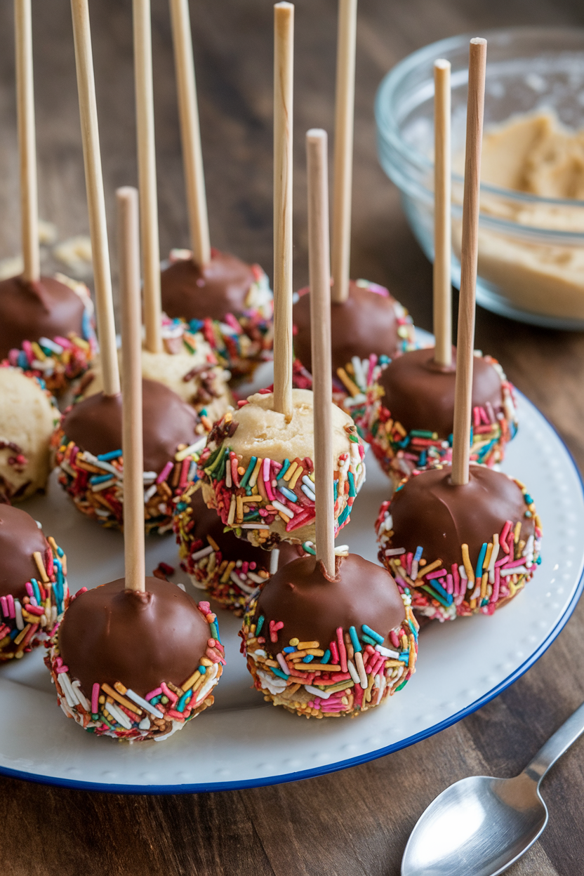 Chocolate cake pops with colorful sprinkles on a plate, perfect for parties or dessert tables.