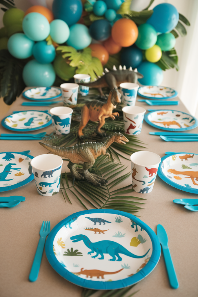 Dinosaur-themed kid's party table with plates, cups, and colorful balloons for a fun celebration.