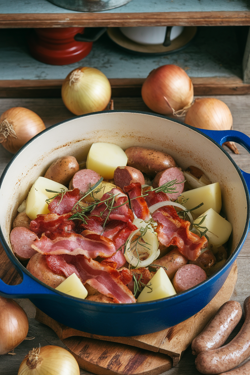 Rustic stew with sausage, bacon, potatoes, and herbs in a blue pot, surrounded by onions on a wooden table.