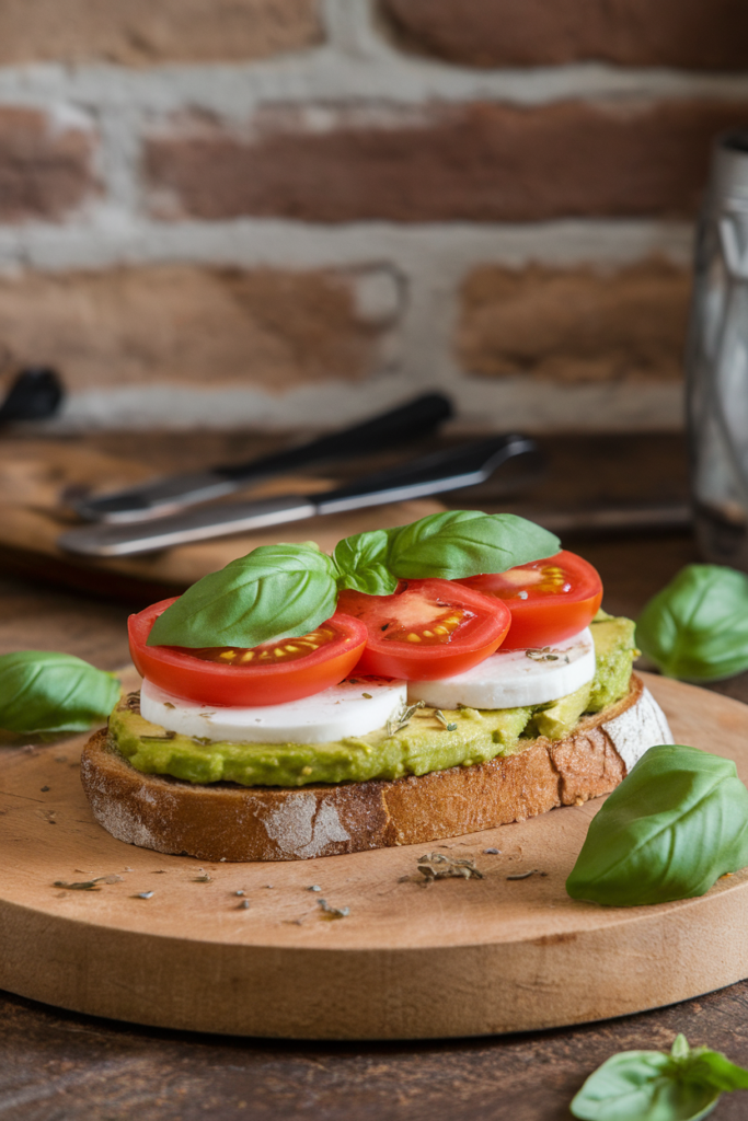 Toast with avocado, mozzarella, tomato, and basil on a wooden board with a rustic background.