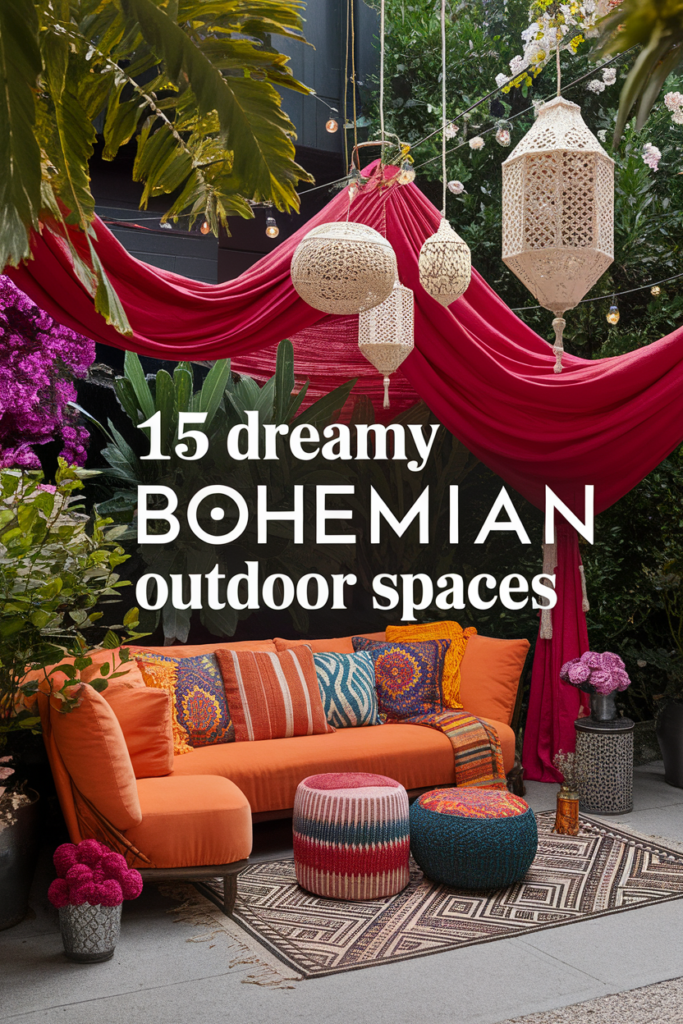 Bohemian outdoor space with vibrant decor, orange couch, colorful pillows, hanging lanterns, and lush greenery.