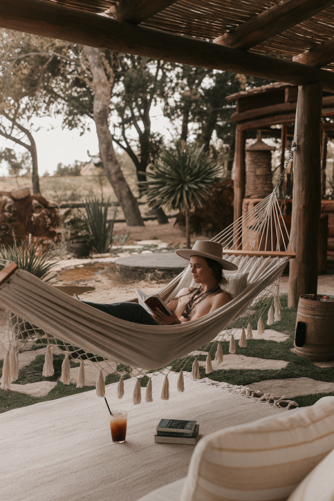 Person relaxing in a hammock with a book and drink, surrounded by nature. Peaceful outdoor retreat scene.