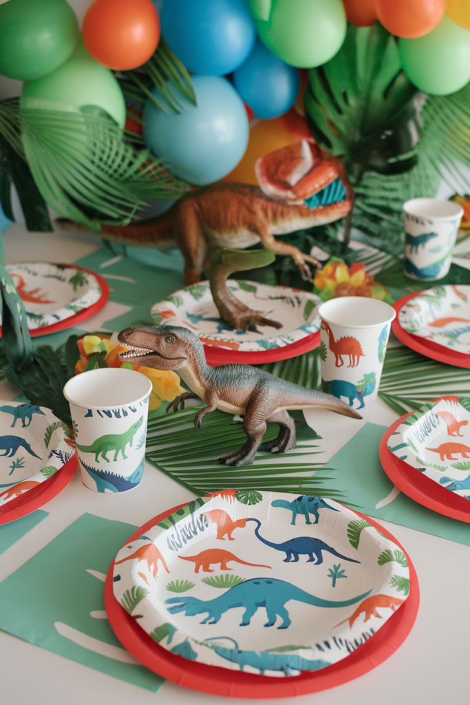 Dinosaur-themed party table with toy dinosaurs, paper plates, and balloons for a fun kids' celebration.