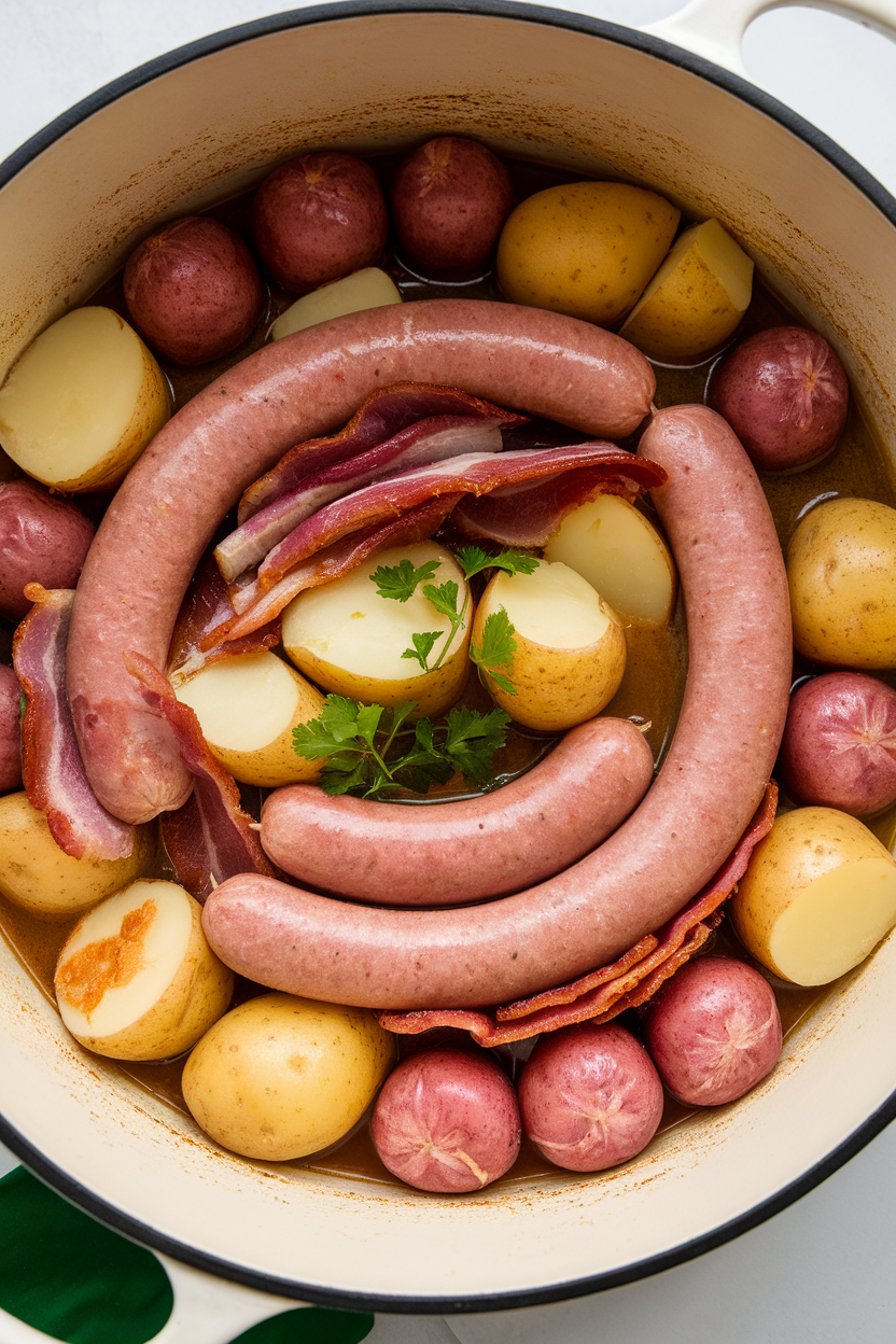 Cooking sausages with bacon and potatoes in a pot, garnished with fresh parsley.