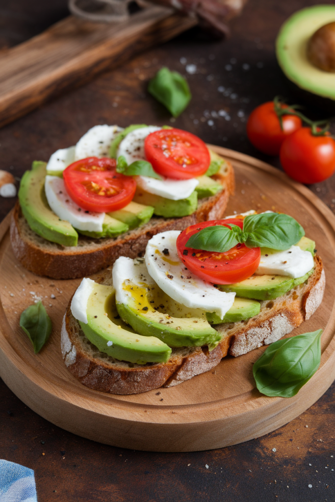 Avocado and mozzarella bruschetta topped with fresh tomatoes and basil on a wooden plate.