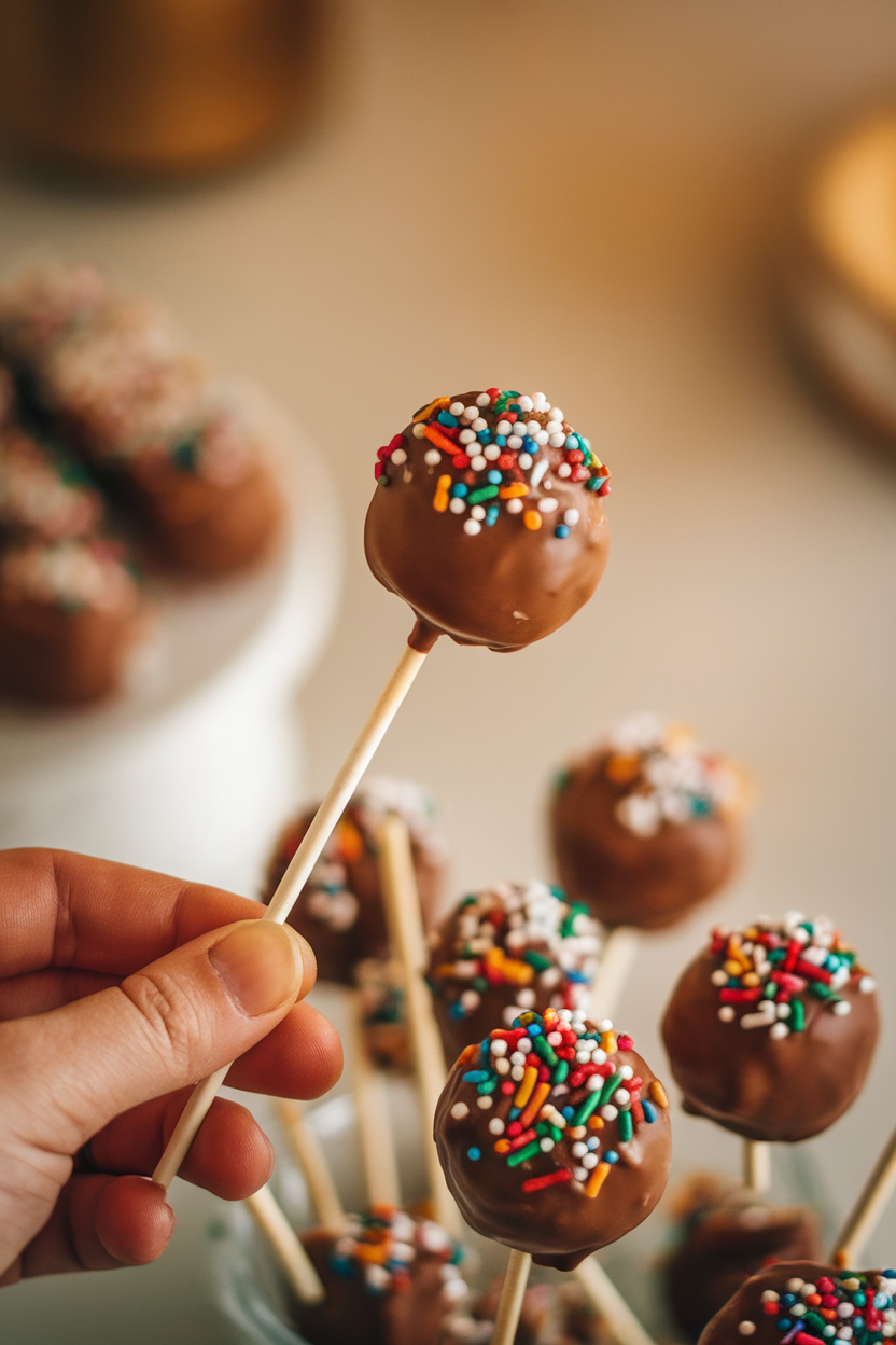 Chocolate cake pop with colorful sprinkles held in hand, surrounded by more cake pops in the background.