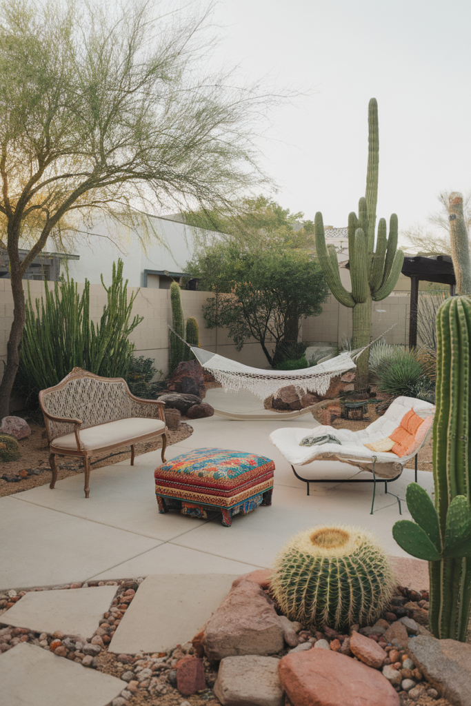 Desert backyard oasis with hammock, cacti, and colorful seating, creating a serene, inviting outdoor retreat.