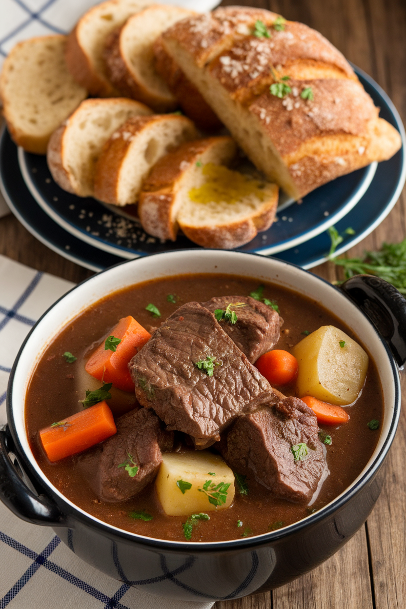 Hearty beef stew with carrots and potatoes served with rustic bread on a wooden table.