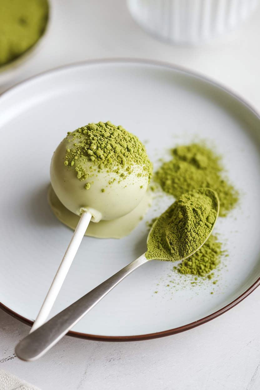 Matcha cake pop on a plate with a spoonful of green tea powder.