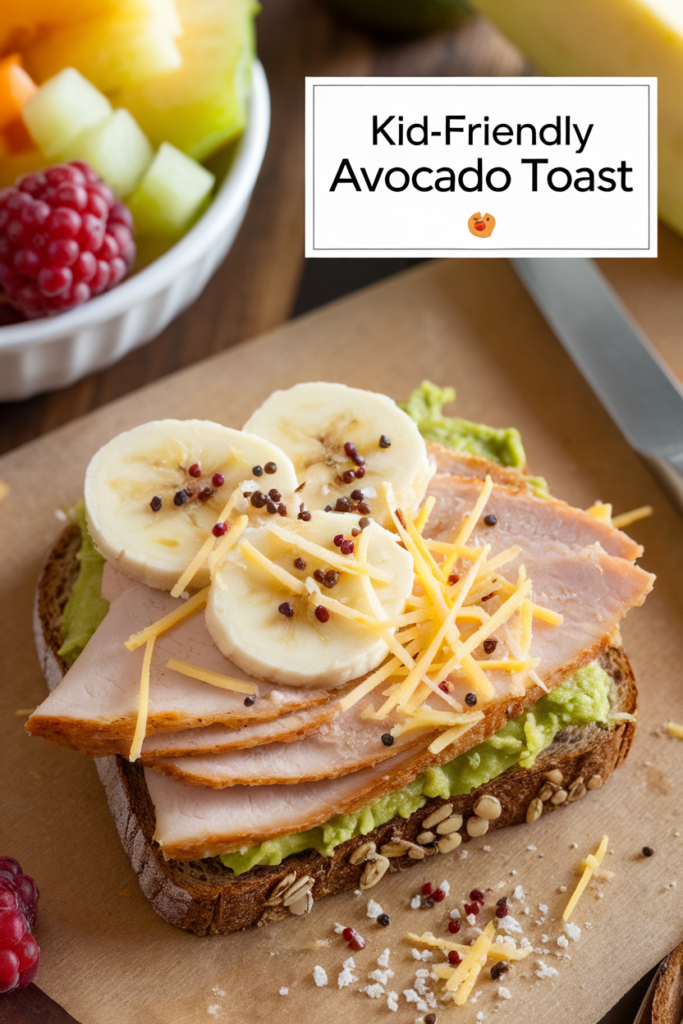 Kid-friendly avocado toast topped with banana, cheese, and turkey, with fruit bowl in the background.