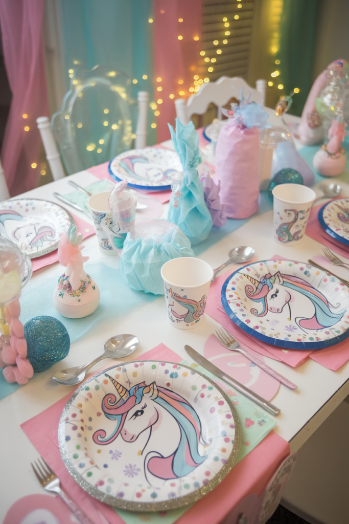 Unicorn-themed party table with plates, cups, and decorations in pastel colors and fairy lights.