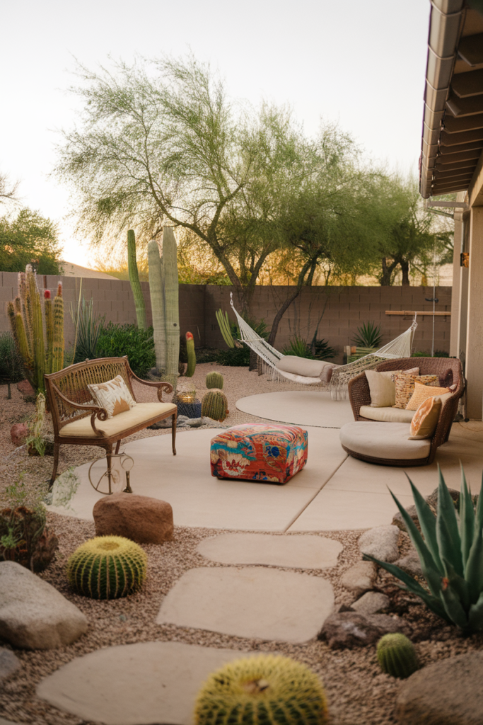 Desert garden with a patio, hammock, and cacti, creating a cozy outdoor relaxation space at sunset.