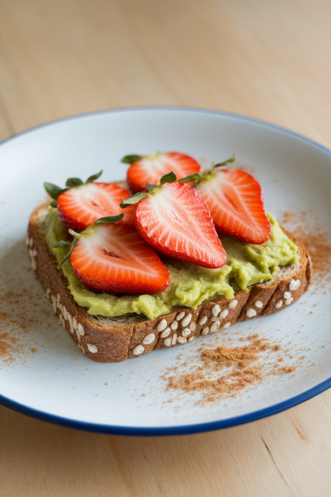 Avocado toast with fresh strawberries on seeded bread, garnished with cinnamon on a white plate.