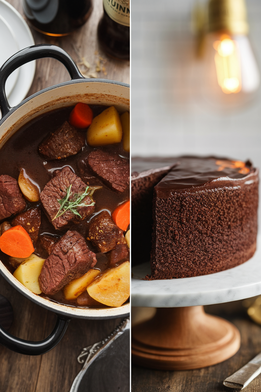 Beef stew in pot and sliced chocolate cake on stand. Comfort food delicacies for perfect dining experience.