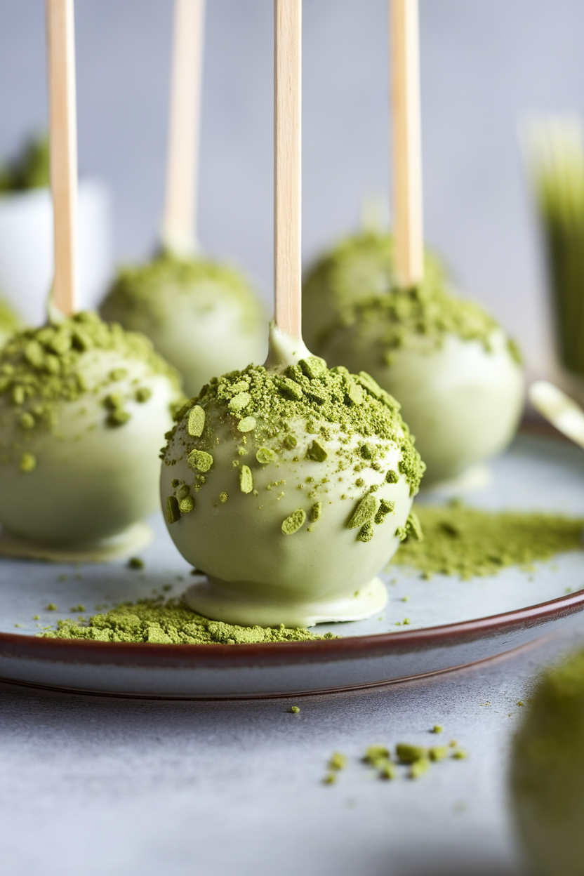 Matcha cake pops on a plate sprinkled with green matcha powder, offering a tempting dessert display.