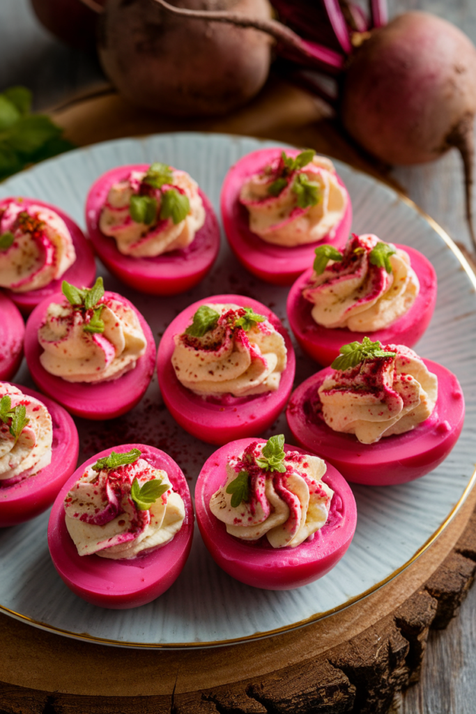 Bright pink beet deviled eggs with creamy filling and herbs on a plate. Perfect for appetizers or parties.