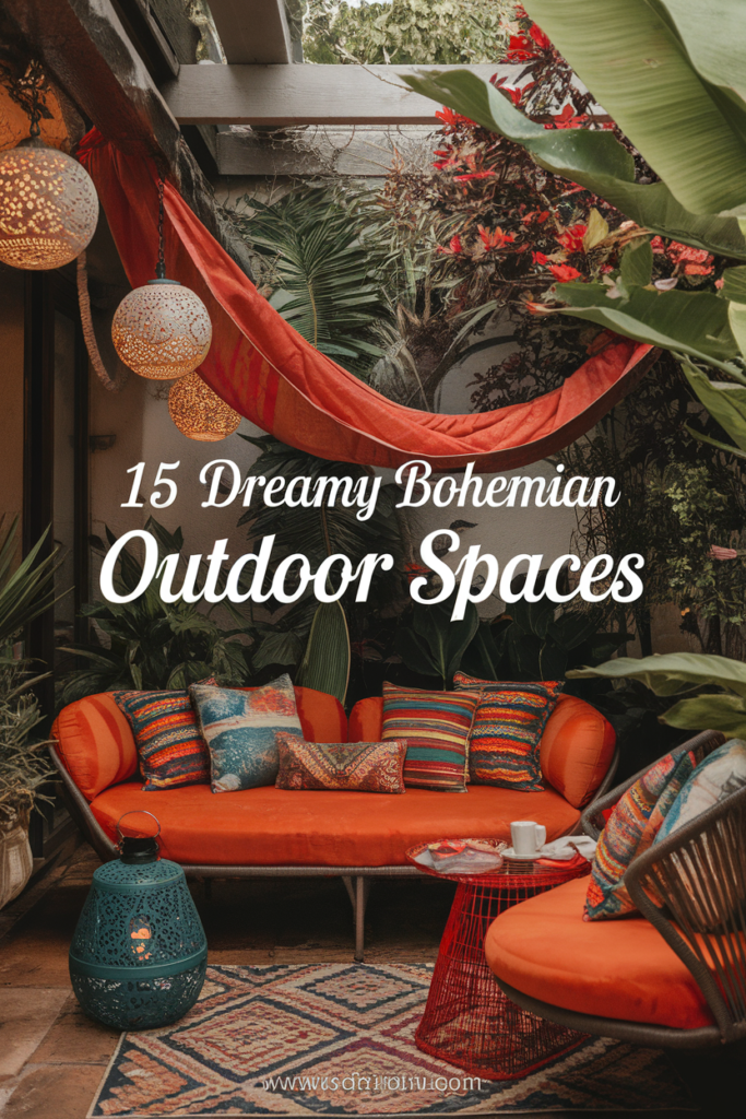 Bohemian outdoor space with vibrant orange seating, colorful pillows, and lush greenery, creating a cozy atmosphere.