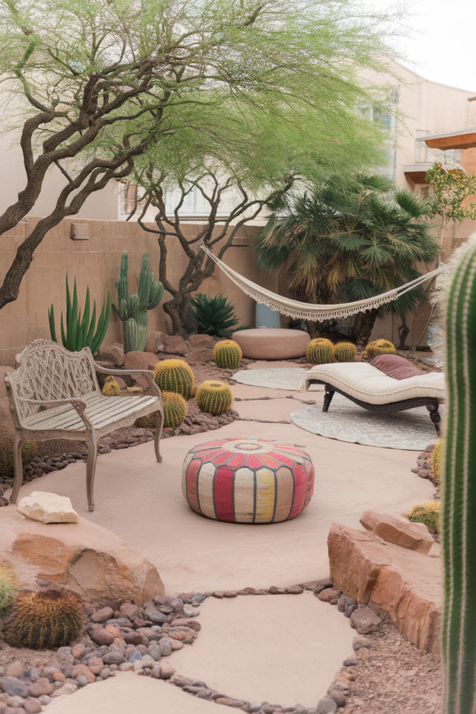 Desert garden with cacti, hammock, and seating; tranquil outdoor space with rustic charm and lush greenery.