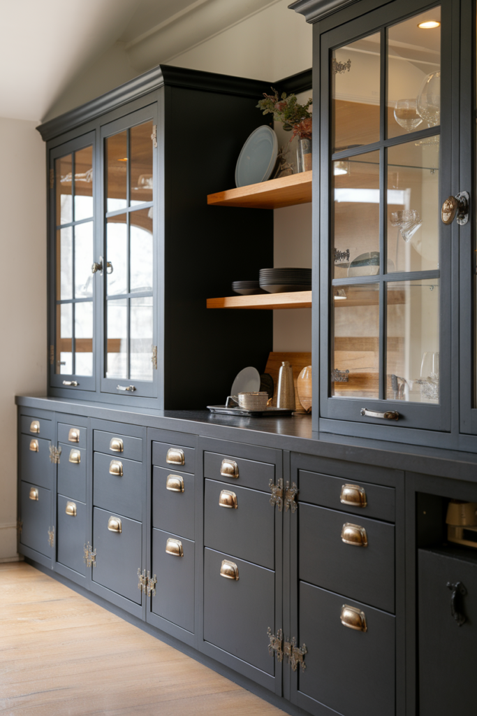 Elegant dark wood kitchen cabinet with glass doors, shelves, and brass handles, displaying dishes and decor items.