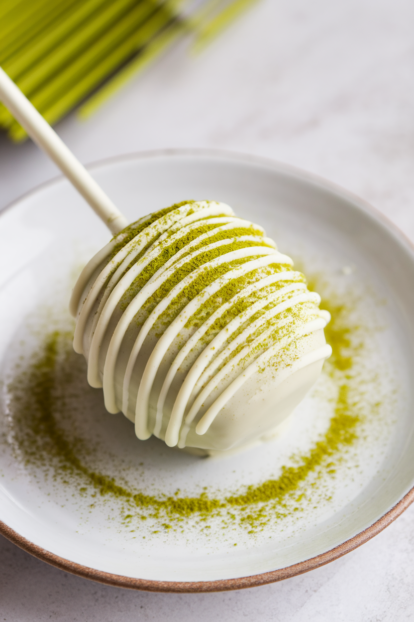 White chocolate-covered apple with matcha dust on a plate.