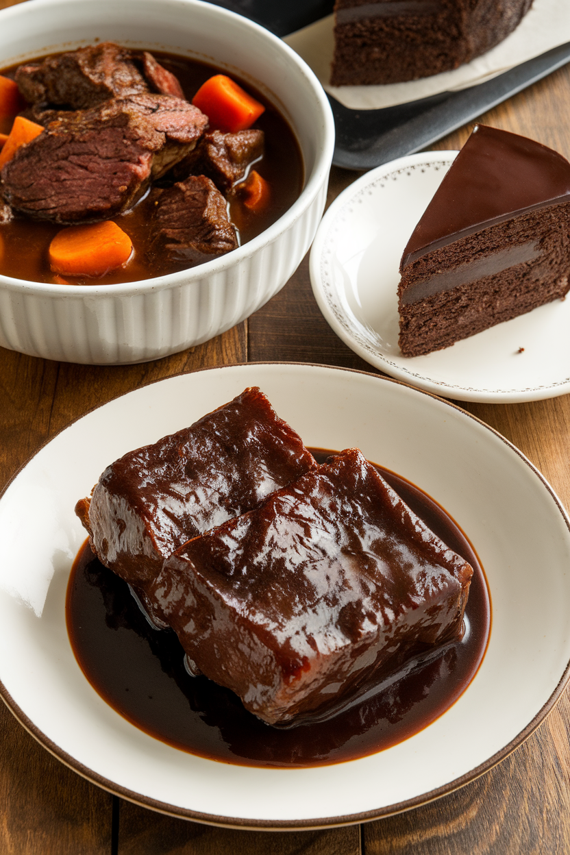 Hearty beef stew with carrots, glistening chocolate cake slice, and rich dessert bar on wooden table.