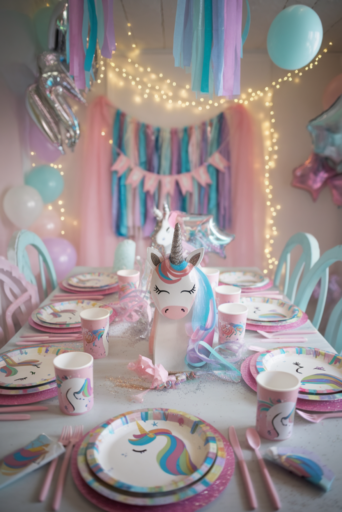 Unicorn-themed birthday table with pastel decorations, balloons, and shimmering lights. Perfect for a magical celebration.