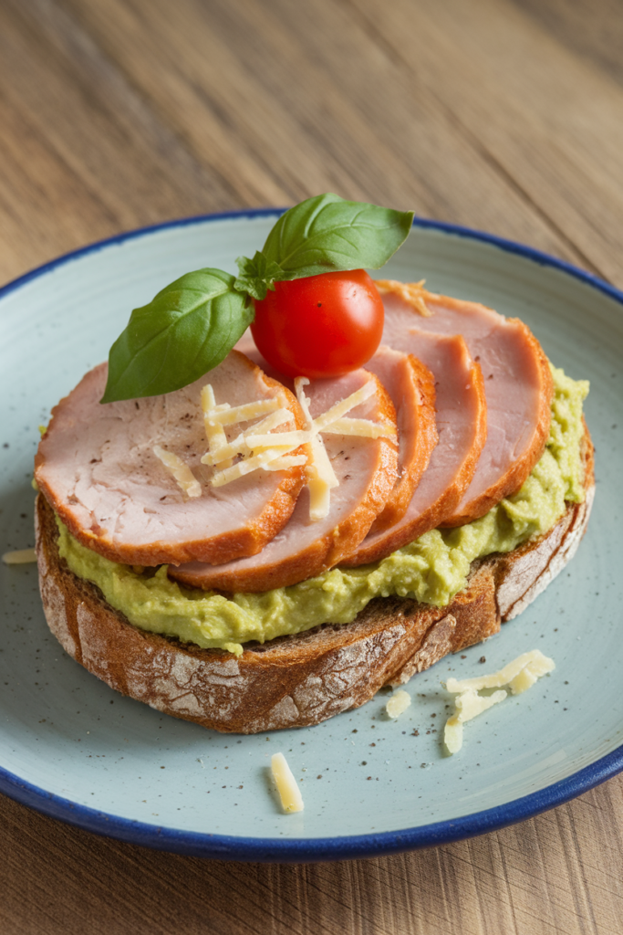 Open-faced sandwich with sliced turkey, avocado spread, cherry tomato, basil, and cheese on rustic bread.