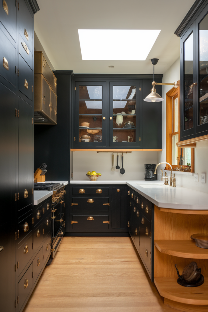 Stylish kitchen with black cabinets, brass hardware, white countertop, and skylight. Modern and elegant design.