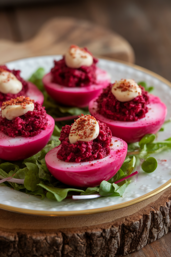 Vibrant pink deviled eggs with beet filling on a bed of fresh greens, served on a decorative plate.