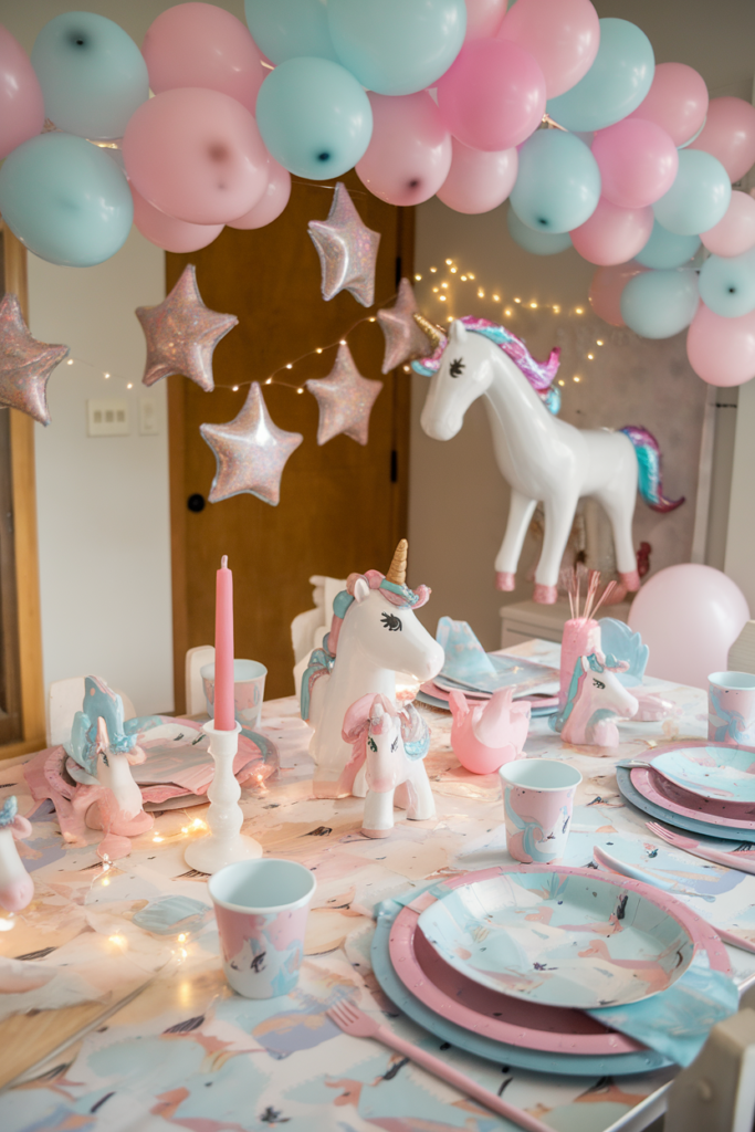 Unicorn-themed birthday party decor with pastel balloons, star garlands, and colorful tableware.