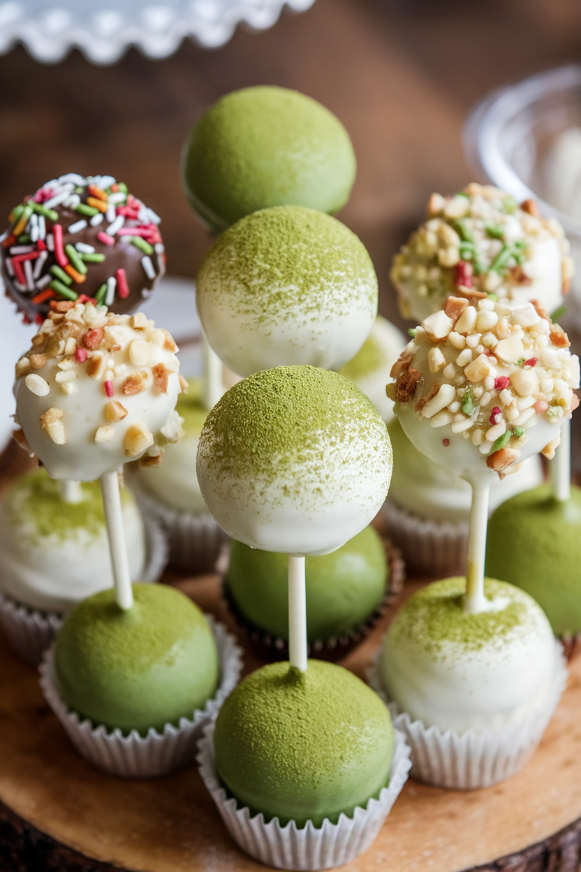 Assorted cake pops with matcha, sprinkles, and nuts on a wooden platter, perfect for a festive dessert display.