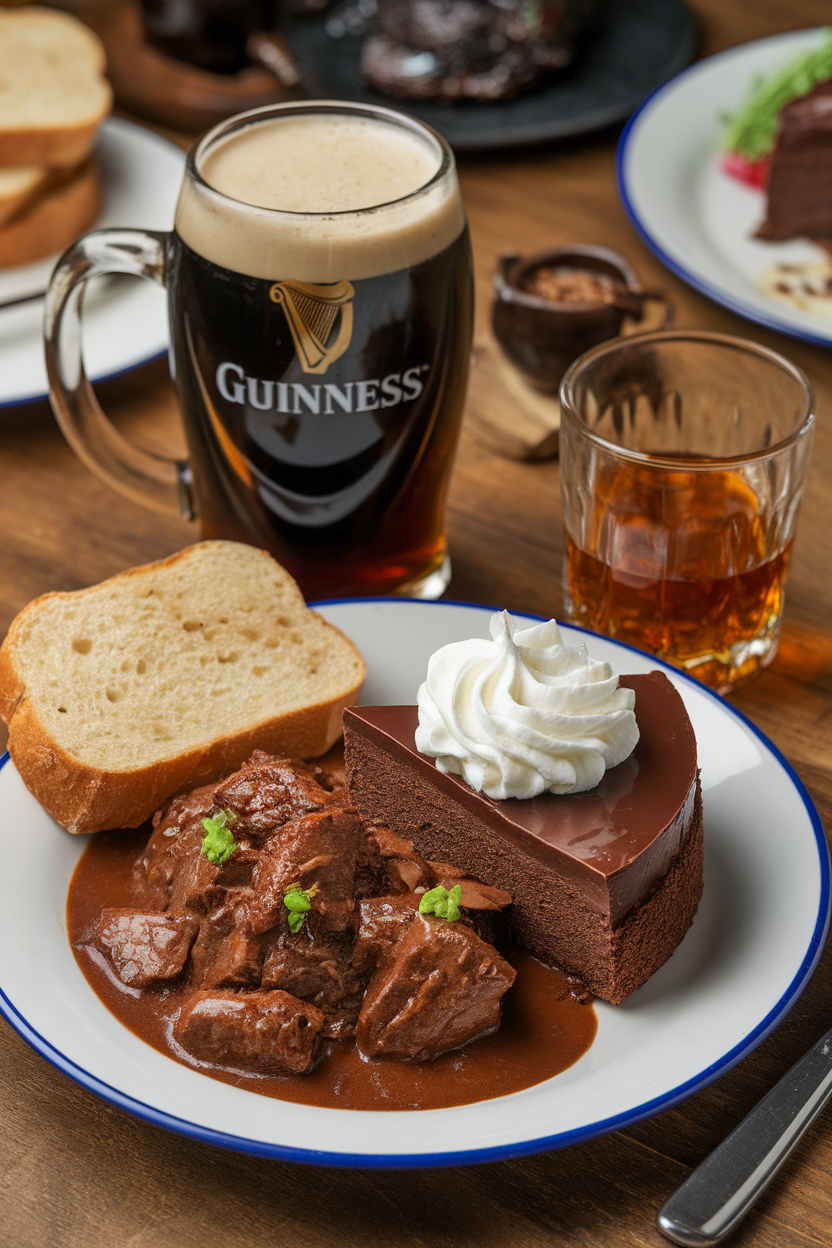 Hearty beef stew, chocolate cake, and a pint of stout on a wooden table for a cozy dining experience.