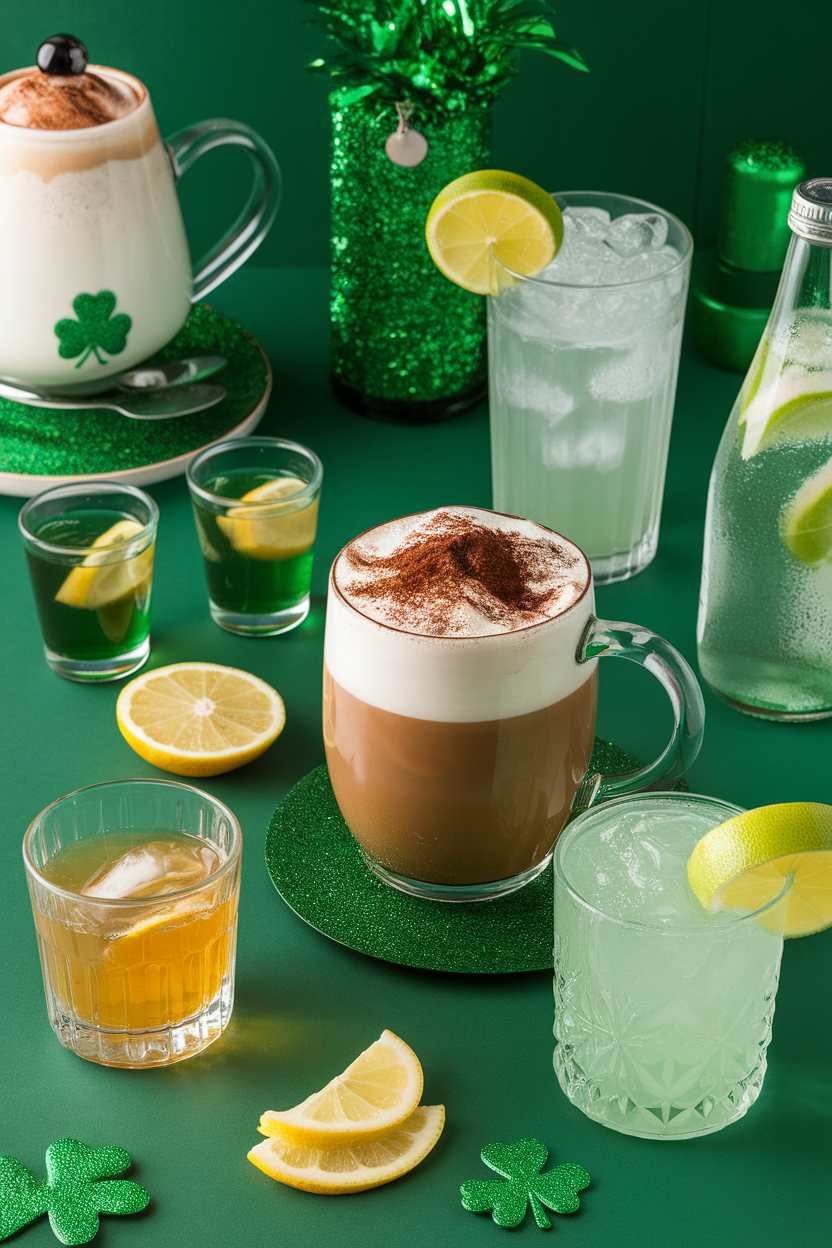 St. Patrick's Day drinks with shamrock decor, featuring coffee, cocktails, and slices of lemon on a green background.