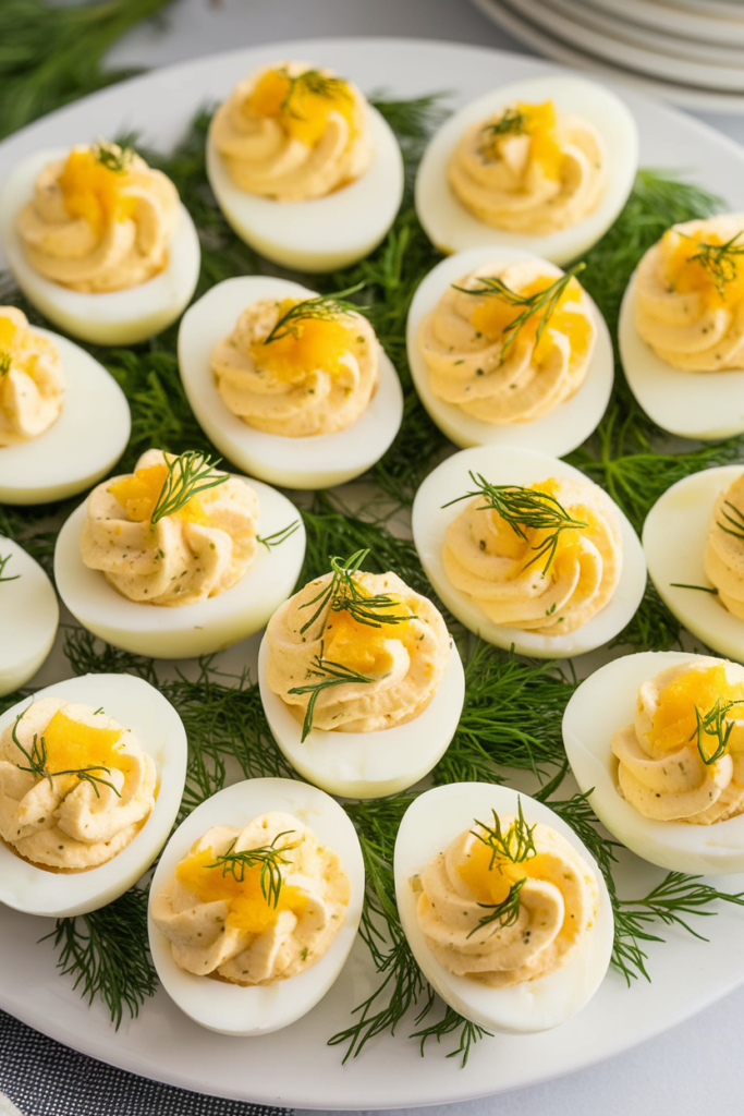 Delicious deviled eggs garnished with fresh dill on a platter, perfect for appetizers or party snacks.