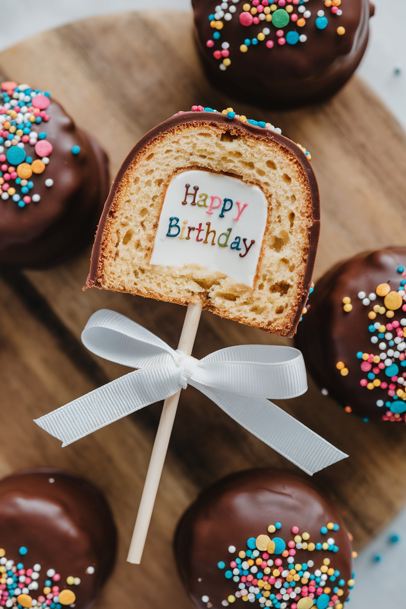 Birthday cake pop with a white ribbon, colorful sprinkles, and Happy Birthday message on a wooden board.