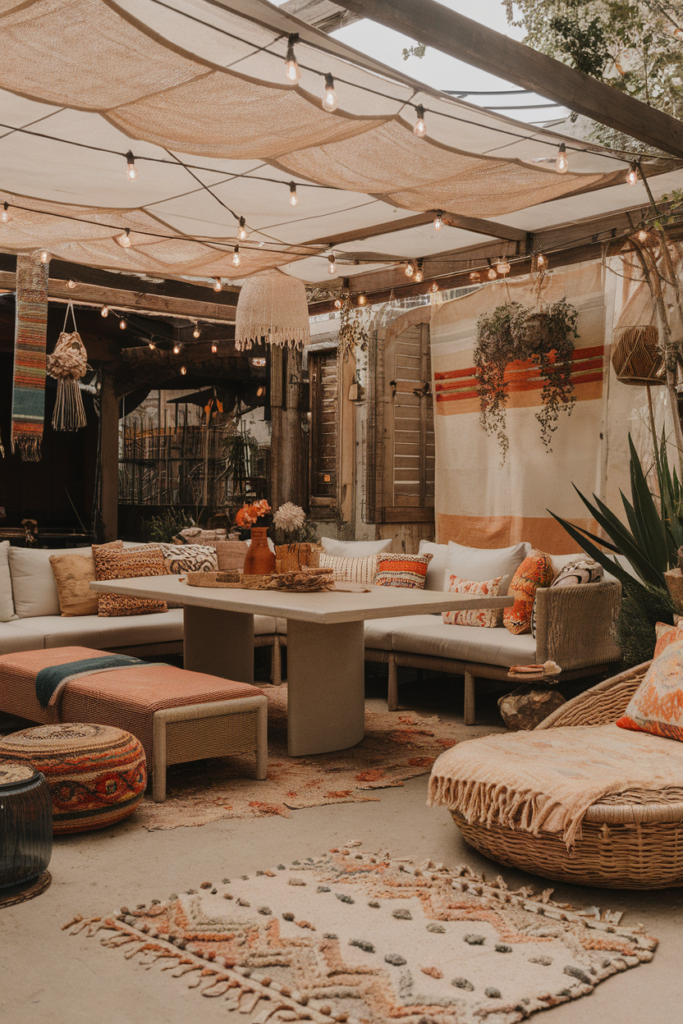 Cozy outdoor patio with boho decor, hanging lights, woven furniture, and cushions create a warm, inviting ambiance.