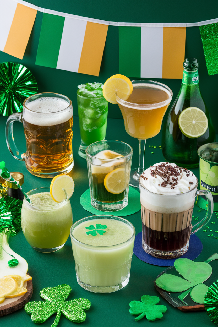 St. Patrick's Day drinks display with festive green cocktails and shamrock decor against an Irish-themed backdrop.