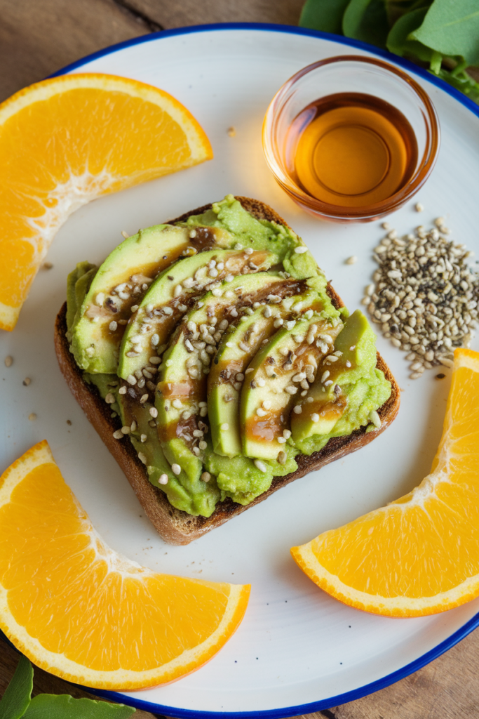 Avocado toast with sesame seeds and orange slices on a plate, next to a small bowl of maple syrup.