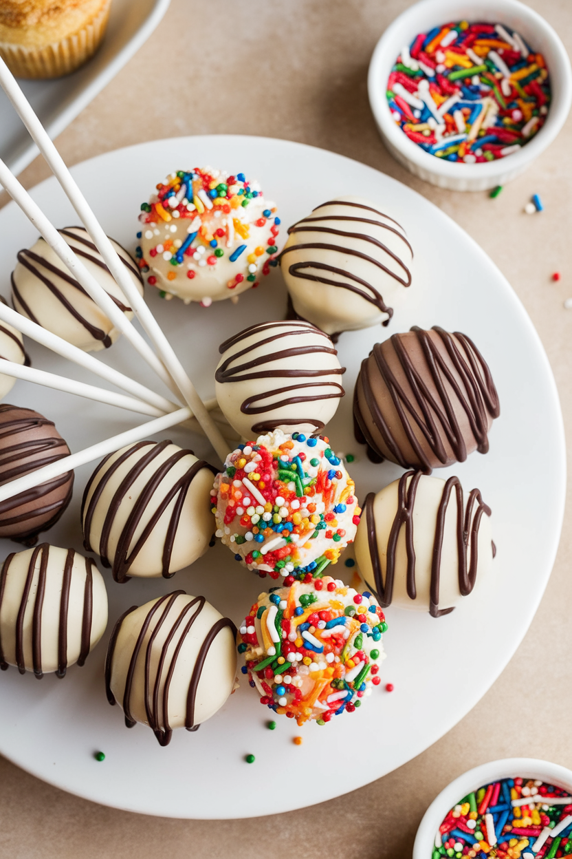 Colorful cake pops with sprinkles and chocolate drizzle on a white plate. Perfect for dessert lovers.