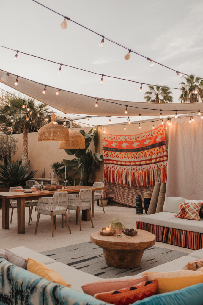 Bohemian outdoor patio with string lights, wooden furniture, and colorful textiles under a shaded pergola.