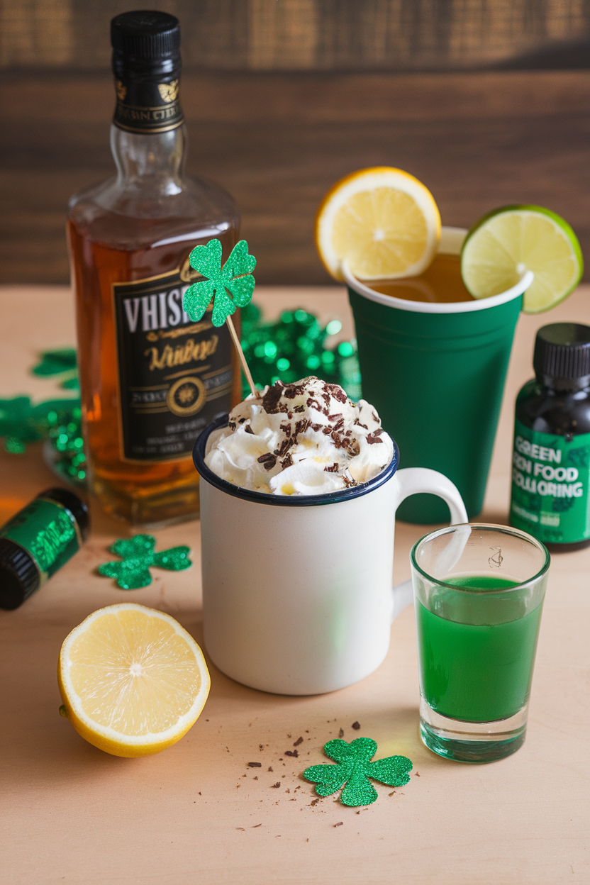 St. Patrick's Day celebration setup with whiskey, green drinks, and festive shamrocks.